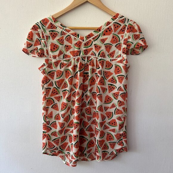 Maeve Watermelon Print Blouse Womens Size 0 V-neck Short Sleeve Top - Picture 7 of 7